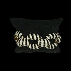 Vintage Enamel Gold Tone Black and White Stripped Bracelet Statement Piece